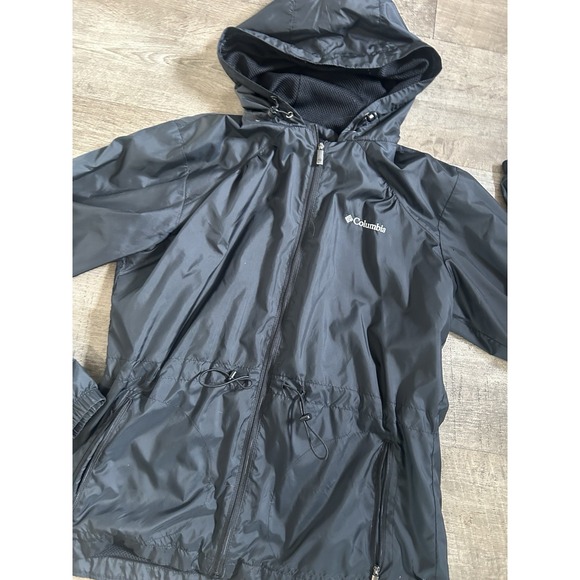 Columbia Windbreaker Women's M Black Hood Lightweight Full Zip Cinch Waist - Picture 2 of 6